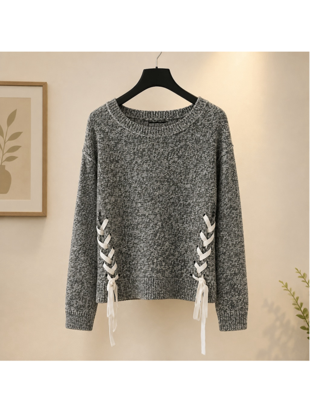 Abercrombie & Fitch Grey White Lace-Up Side Crew Neck Sweater XXS